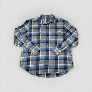 Lucky Brand Flannel Western Pearl Snaps Shirt Blue Gray Plaid Mens Size XL
